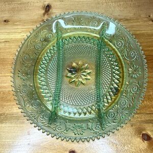 Tiara Indiana Glass Chantilly Green Sandwich 3 Part Relish 12" Tray Platter Vtg